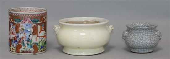 A Chinese blanc-de-chine censer, diameter 5in., a famille rose mug and a crackleglaze censer